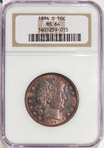 1894-O 50c NGC MS 64 ~ BETTER DATE NEAR GEM SILVER BARBER HALF DOLLAR Cover