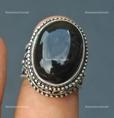 Sterling Silver Oval Black Spinel Stone Band Ethnic New Boho Ring Jewelry Size 8 - Image 1 of 4