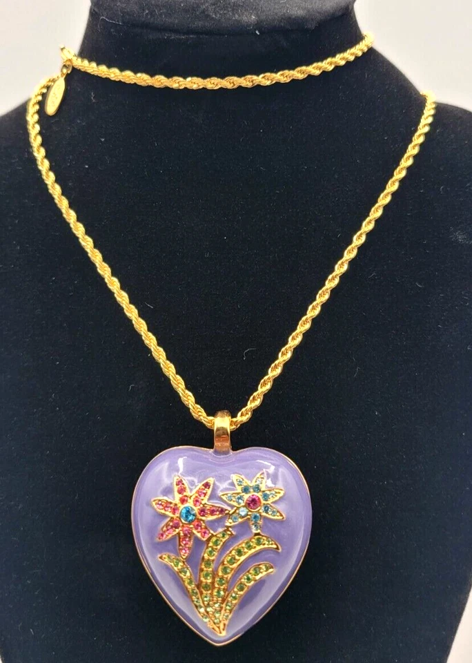 JOAN RIVERS PURPLE ENAMEL PUFFY HEART PENDANT SWAROVSKI CRYSTALS W/ NECKLACE - Image 1 of 3