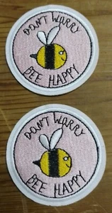 2 x BEE HAPPY Embroidered Patchs Bug Motif 5.1cm x 5.1cm, Iron-on Sew or Glue - Picture 1 of 1