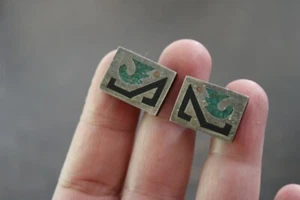 Gemelli vintage argento sterling 925 TAXCO Messico AAB pietra schiacciata intarsiata/onice 9,1 g - Foto 1 di 12