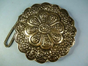 900 Coin Silver MIRROR Ornate Repousse Hanging Round LighFloral Scallop Hallmark - Picture 1 of 7