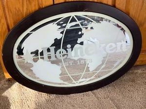 2006 Heineken Globe Beer Sign Frosted Mirror 33 3/4” X 24” X 3/4” Wooden Frame - Picture 1 of 24