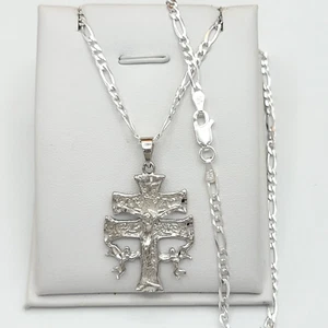 925 Solid Sterling Silver. Cruz Caravaca Cross Crucifix Pendant & Chain Necklace - Picture 1 of 6