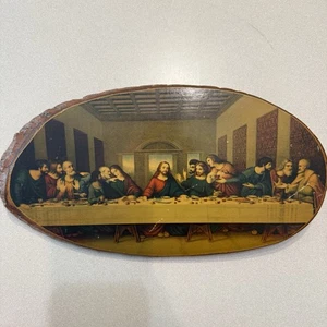 Vintage The Last Supper with Jesus Christ Hanging Wood Log Slab Bark Edge Read - Picture 1 of 10