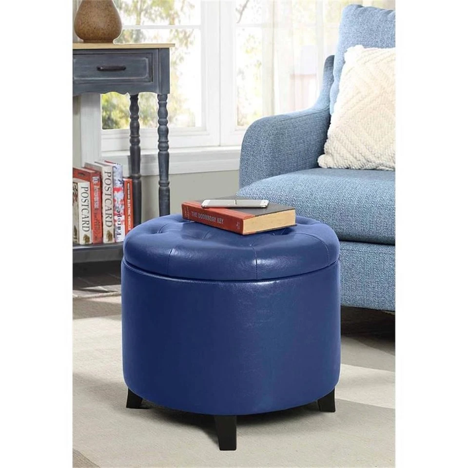 Convenience Concepts Designs4Comfort Round Ottoman Blue Faux Leather - Image 1 of 4