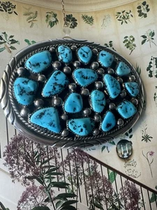 Vintage Navajo Tommy Moore Sterling Turquoise Belt Buckle - Picture 1 of 5