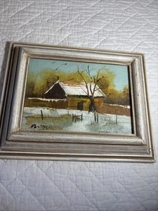 Vintage Kunst Gemälde Herbst Land Landschaft Scheune Feld - Bild 1 von 8