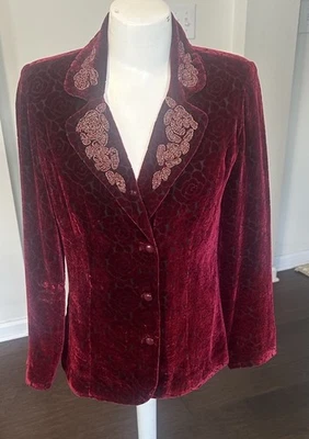 Blazer Bob Mackie Usable Arte Rojo Terciopelo Cuentas Estampado Rosa XS Foto 1 de 4