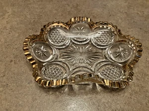 VTG Pressed Glass Dish + Stars and Bullseye, Gold Trimmed Sawtooth Rim free ship - Picture 1 of 7