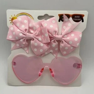 New Toddler Girls' Bundle Light Pink Heart Sunglasses & Bowknot Hair Clips Set - Picture 1 of 4