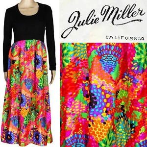 1960s Vintage Maxi Hostess Dress Psychedelic Mod Neon Julie Miller California 12 - Picture 1 of 7