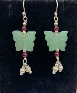 Artisan jade butterfly & garnet, sterling, dangle earrings - Picture 1 of 6