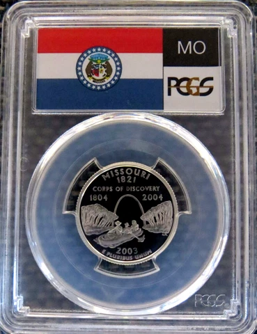 2003-S 25c Missouri SILVER State Flag Label Quarter Proof Coin PCGS PR70DCAM Cover