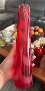 Vintage Hand Blown Art Glass Vase Red and White Swirl CYLINDER VASE 11.5" - Picture 1 of 15