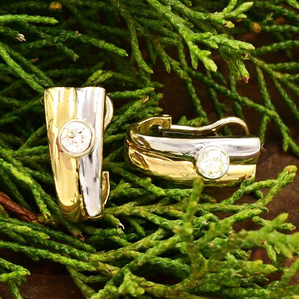 18k Yellow & White Gold Diamond Omega Back Hoop Earrings - Image 1 of 3