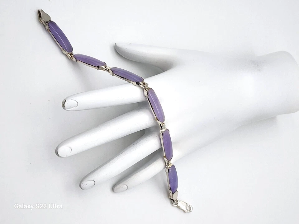 复古 LAVENDER JADE GEMSTONE 7.75 英寸珠宝手镯 925 纯银 18 克 — 第 1/4 张图片