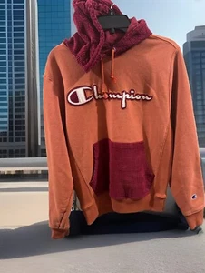 Champion Reverse Weave Hoodie With Corduroy Maroon Burnt Orange Ribbed SMALL - Picture 1 of 7