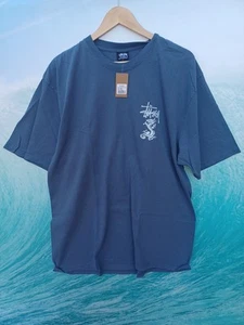 Stussy XL Mens Blue Navy Double Dragon Pigment Dyed Tee #0542 - Picture 1 of 3