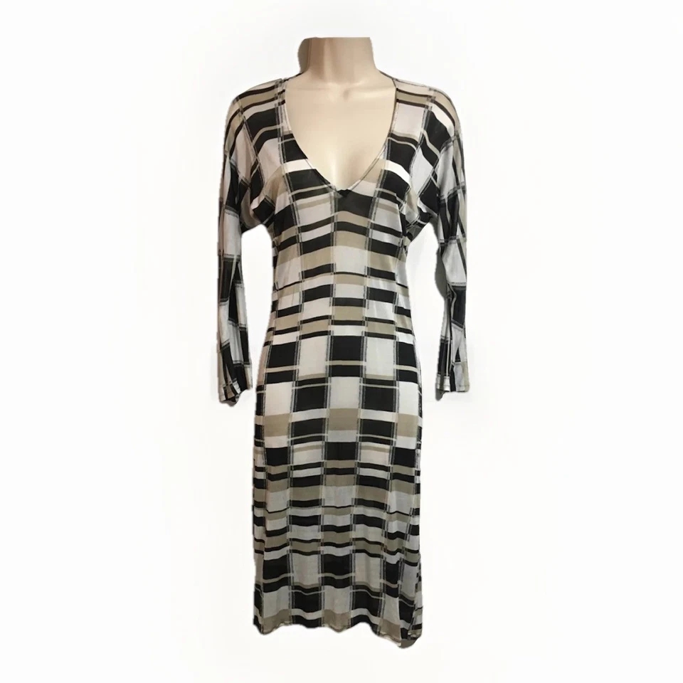 Vestido recto transparente ELSPETH GIBSON Y2K jersey fino de nailon a cuadros OpArt Reino Unido 6 Xs Foto 1 de 4