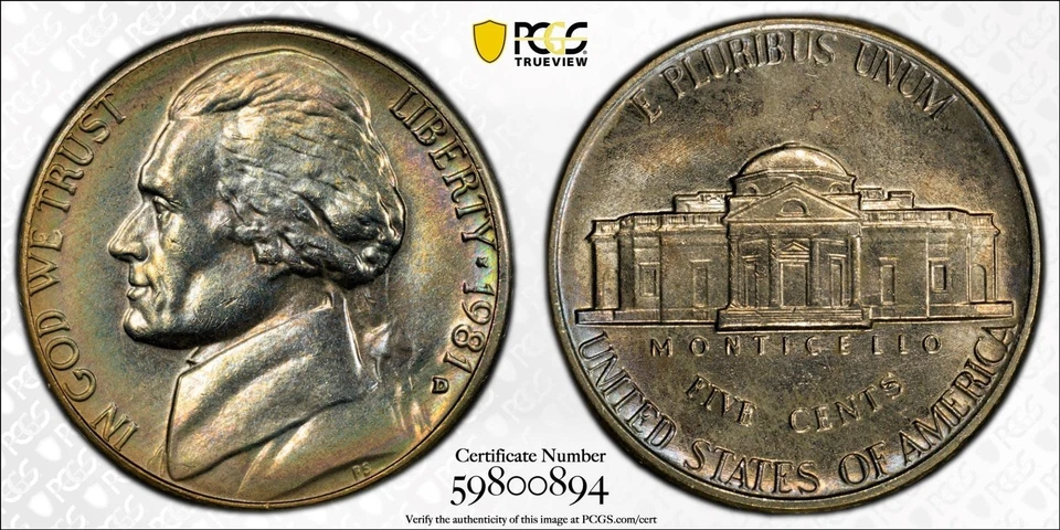 1981-D Jefferson Nickel PCGS MS64 Rainbow Toned 🌈 Toning TrueView - Image 1 of 3