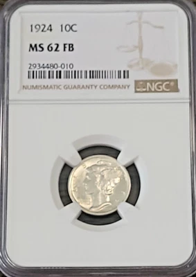 1924 MERCURY DIME NGC GRADED IN MINT STATE 62 FULL SPLIT BANDS (MS62FB) - Image 1 of 4