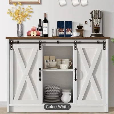 Кофейный бар с раздвижными дверцами амбара, 42-дюймовый кофейный барный шкаф с регулируемыми полками - Изображение 1 из 4