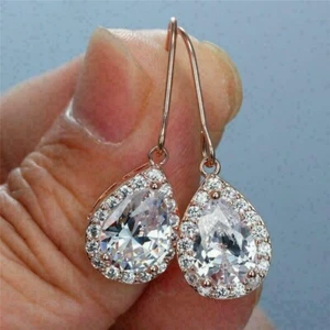 2Ct Pear Cut Lab Created Diamond Halo Drop & Dangle Earrings 14K Rose Gold Over - Picture 1 of 7