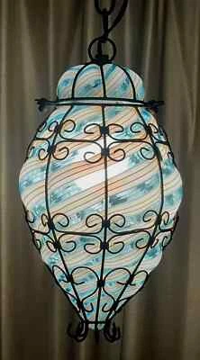 Beautiful Antique Circa 1930's Murano Blown Glass Latticino Caged Hanging Lamp - Image 1 of 3
