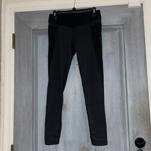 Lucy S Black Blue Stripe Side Pocket Back Zip Pocket Athletic Leggings - Picture 1 of 10