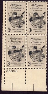 Scott #1099 Religious Freedom Plate Block of 4 Stamps - MNH P#25893 - Picture 1 of 2