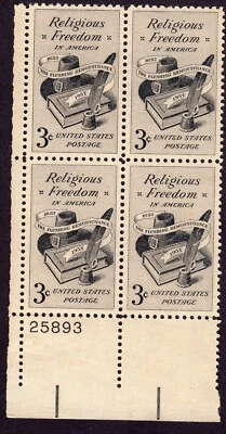Scott #1099 Religious Freedom Plate Block of 4 Stamps - MNH P#25893 - Image 1 of 2
