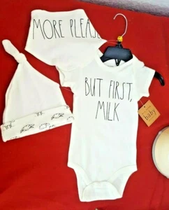 RAE DUNN Set of 3 Baby Outfit PLEASE BUT FIRST MILK❤️ Bandana Bibs&hat 6-9 Mos - Picture 1 of 5