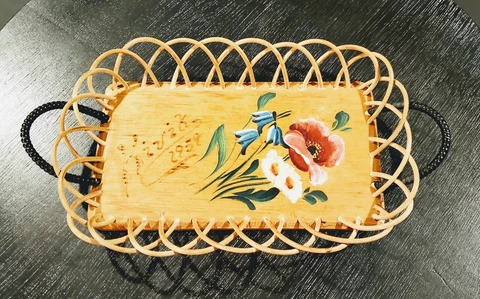 Vintage 1959 Rare Bread Pastry Tray Basket Hand Painted Floral Kivik Sweden 13"L Cover