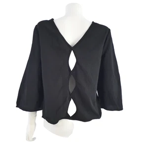 ICHI Black Blouse Top Lagenlook Cut Out Back Cropped Boxy Wide Sleeve size XS - Picture 1 of 14