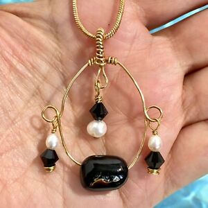 Florida Black Coral Crystals & Pearls Pendant Necklace 14K Gold Plated