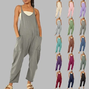 Womens Overalls Dungarees Loose Trousers Ladies Baggy Jumpsuit Playsuit Romper - Picture 1 of 28