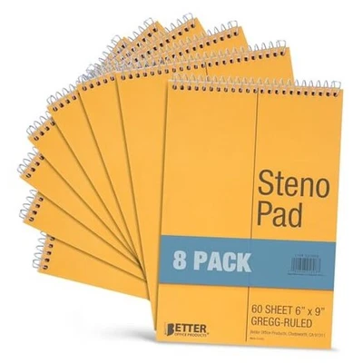  Almohadillas Esteno Espiral, Paquete de 8, 6 x 9 pulgadas, 60 Hojas, Papel Blanco, Regla Gregg,  Foto 1 de 4