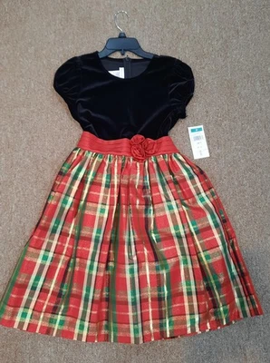 NEW Bonnie Jean  Holiday Christmas Dress Red Multi Plaid Shimmer Size 16 Floral  - Image 1 of 4