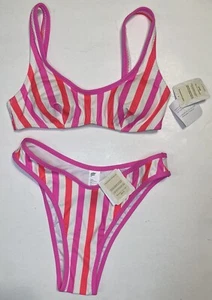 Fabletics Sunset Scoop Swim Top & Bikini Bottoms Small Stripe/Neon Flamingo - Picture 1 of 21