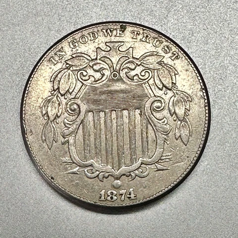 1874  SHIELD NICKEL    NICE DETAIL   SEMI KEY DATE  #2904 Cover