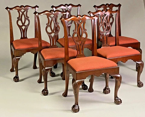 SET OF 8 HEAVY HIGH QUALITY CHIPPENDALE-STYLE ANTIQUE DINING CHAIRS Cover