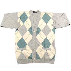 Vintage Jaeger Cardigan Sweater Men 40" 102cm 80s Lambswool Argyle Diamond Wool - Picture 1 of 18