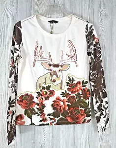 Neu mit Etikett ölig bestickt Perlen Hirsch Strick LS Shirt Größe Large Samt Schriftzug - Bild 1 von 23