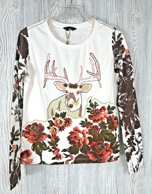 全新带标签 油性刺绣串珠鹿针织 LS 衬衫 尺寸 L 天鹅绒刻字 — 第 1/4 张图片