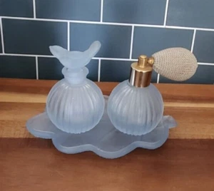 Vintage Aqua Blue Frosted Glass Perfume Bottles With Vanity Tray - Picture 1 of 7