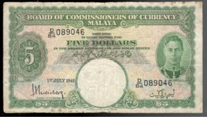 British Malaya, 1941, KGV1, $5 Dollars, P-12, GOOD Fine+! - Picture 1 of 2
