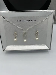 Neu Charter Club Halskette Ohrring Set Simulierte Perle Kristall Silberfarben - Bild 1 von 5