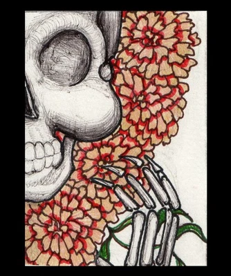 Tinta de arte ilustración original ACEO, tamaño 2,5 pulgadas ser 3,5 pulgadas. Caléndulas calavera  Foto 1 de 2