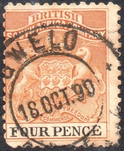 Rhodesien 1895 4d gelbbraun & schwarz, dickes Papier, SG.28, gebraucht, Kat.24£ - Bild 1 von 1